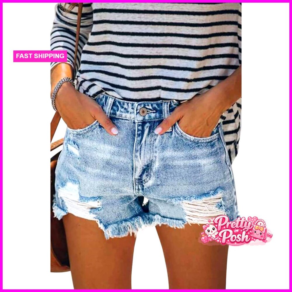 Ripped Denim Jean Shorts Mid Rise Raw Hem Casual Stretchy